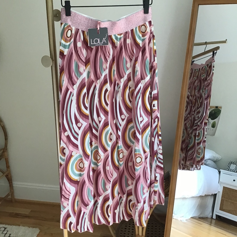Lola Made in Italy Plisse Pleated Skirt Size M Pink Multi Colored NWT